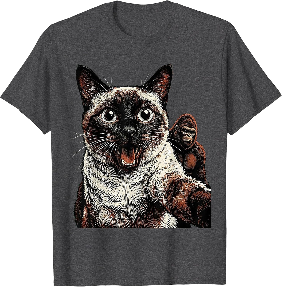 Men's Oversized Siamese Cat Bigfoot Meme Humor T-Shirt - Dark Heather Grey