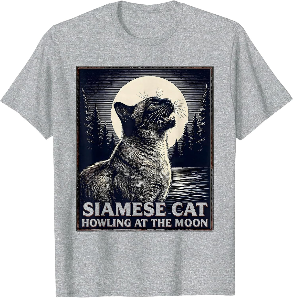 Men's Siamese Cat Howling at the Moon 90's Retro Nature Art T-Shirt - Heather Grey