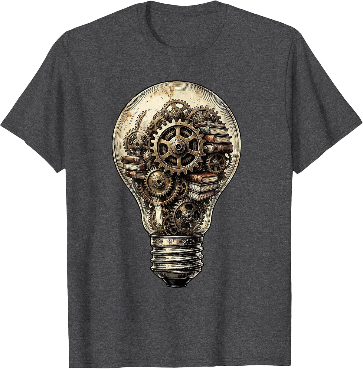 Lightbulb Gears and Books Teacher Illustration T-Shirt - Dark Heather Grey