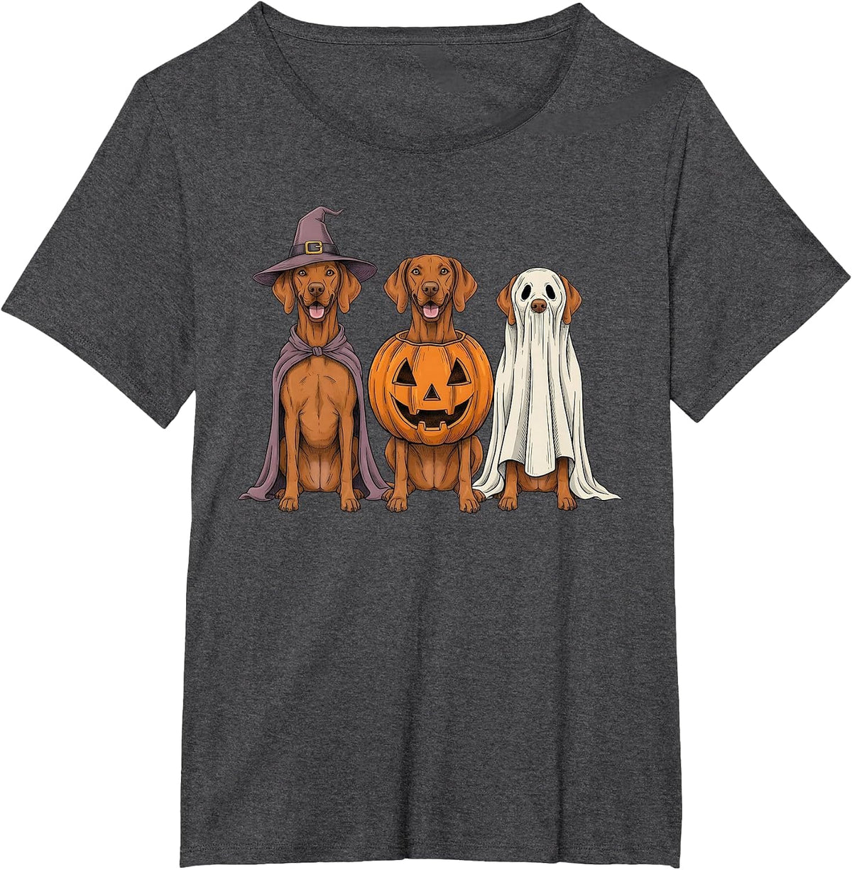 Spooky Ghost Vizsla Pumpkin Halloween Dog Lover T-Shirt - Dark Heather Grey