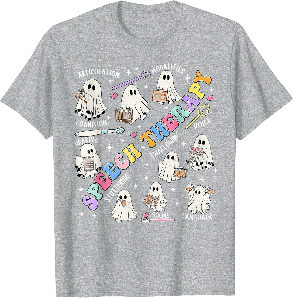 Speech Therapy Retro Groovy Funny Halloween Ghost Therapist T-Shirt - Heather Grey