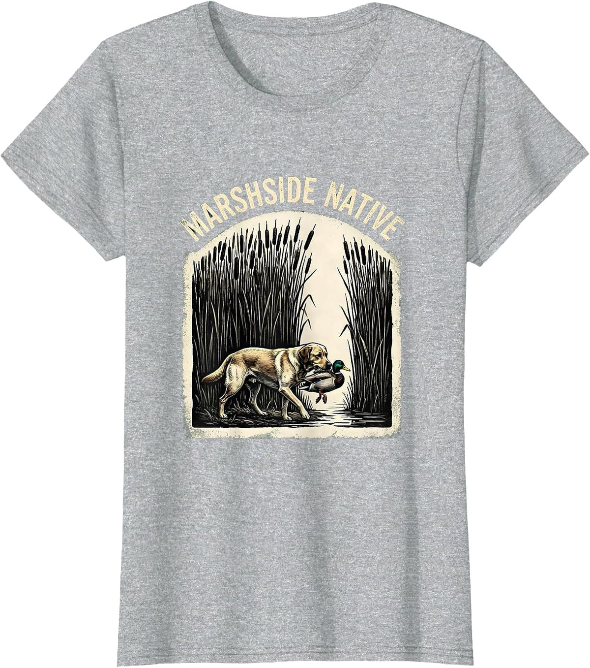 Women's Marshside Native Rubber Stamp Labrador Duck Hunting Southern T-Shirt - Heather Grey