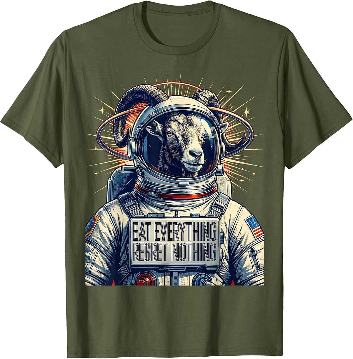 Goat Eat Everything Regret Nothing Funny Design T-Shirt - Olive Green