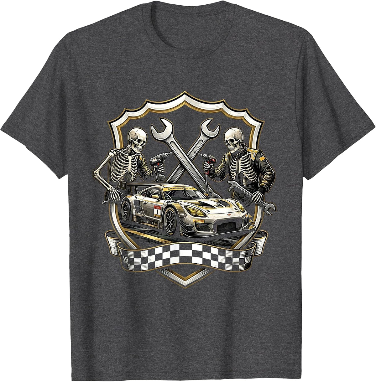 Race Car Skeleton Crew Pit Stop Graphic Tee T-Shirt - Dark Heather Grey