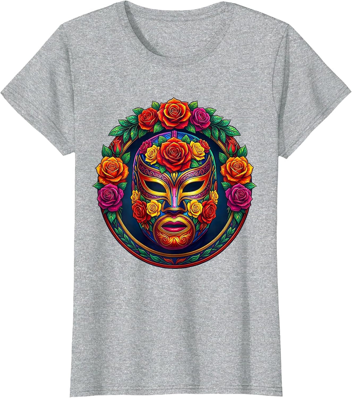 Women's Luchadora Mask with Roses Mexican Wrestling Art T-Shirt - Heather Grey