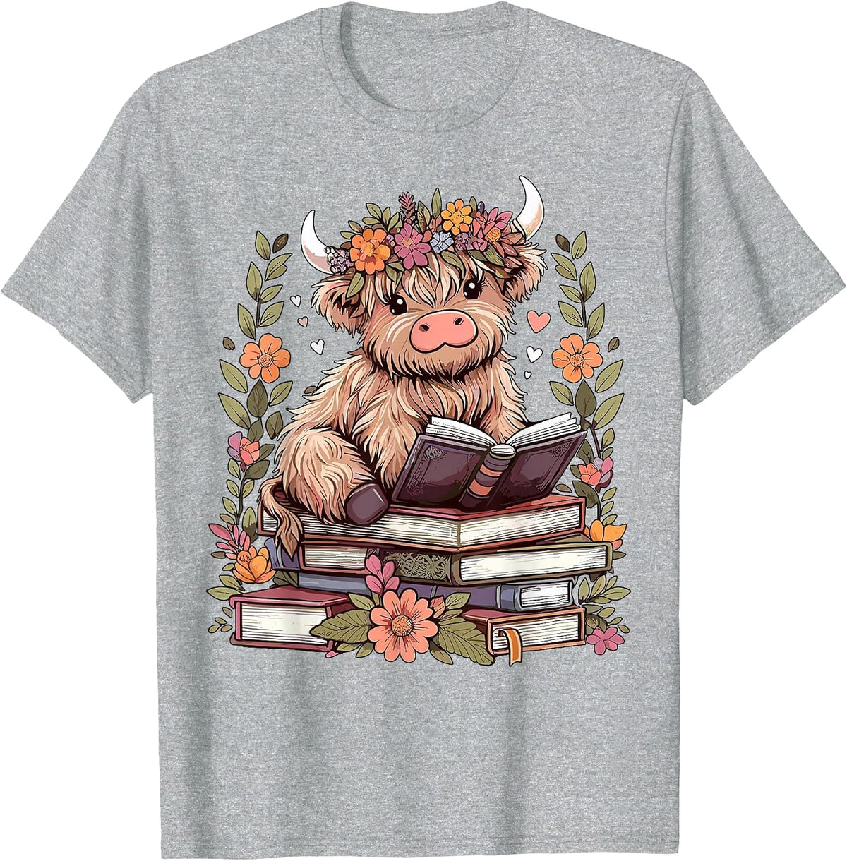 Cute Baby Highland Cow Reading Book Bookworm T-Shirt - Heather Grey