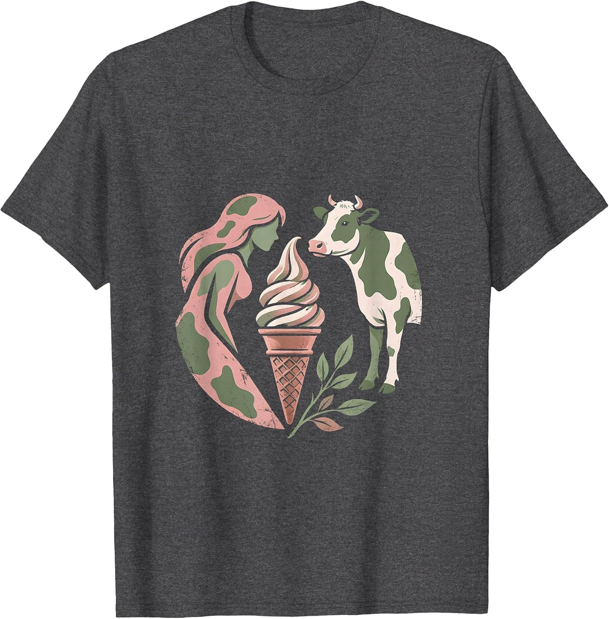 Cow Print Woman and Cow Sharing Ice Cream T-Shirt - Dark Heather Grey