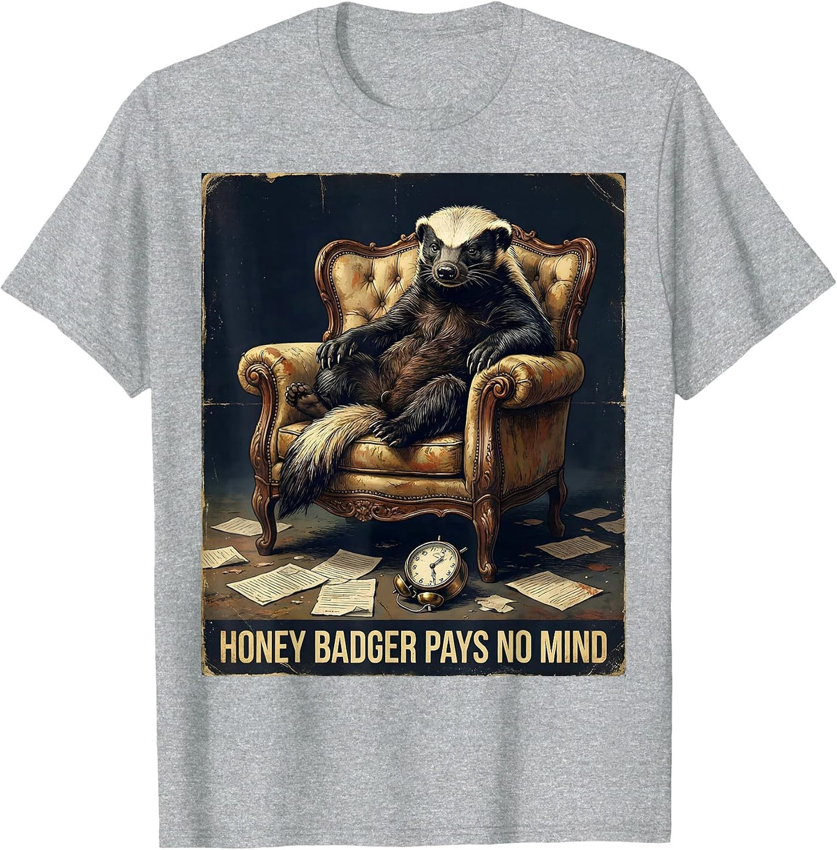 Men's Honey Badger Pays No Mind Vintage Fearless Attitude Humor T-Shirt - Heather Grey