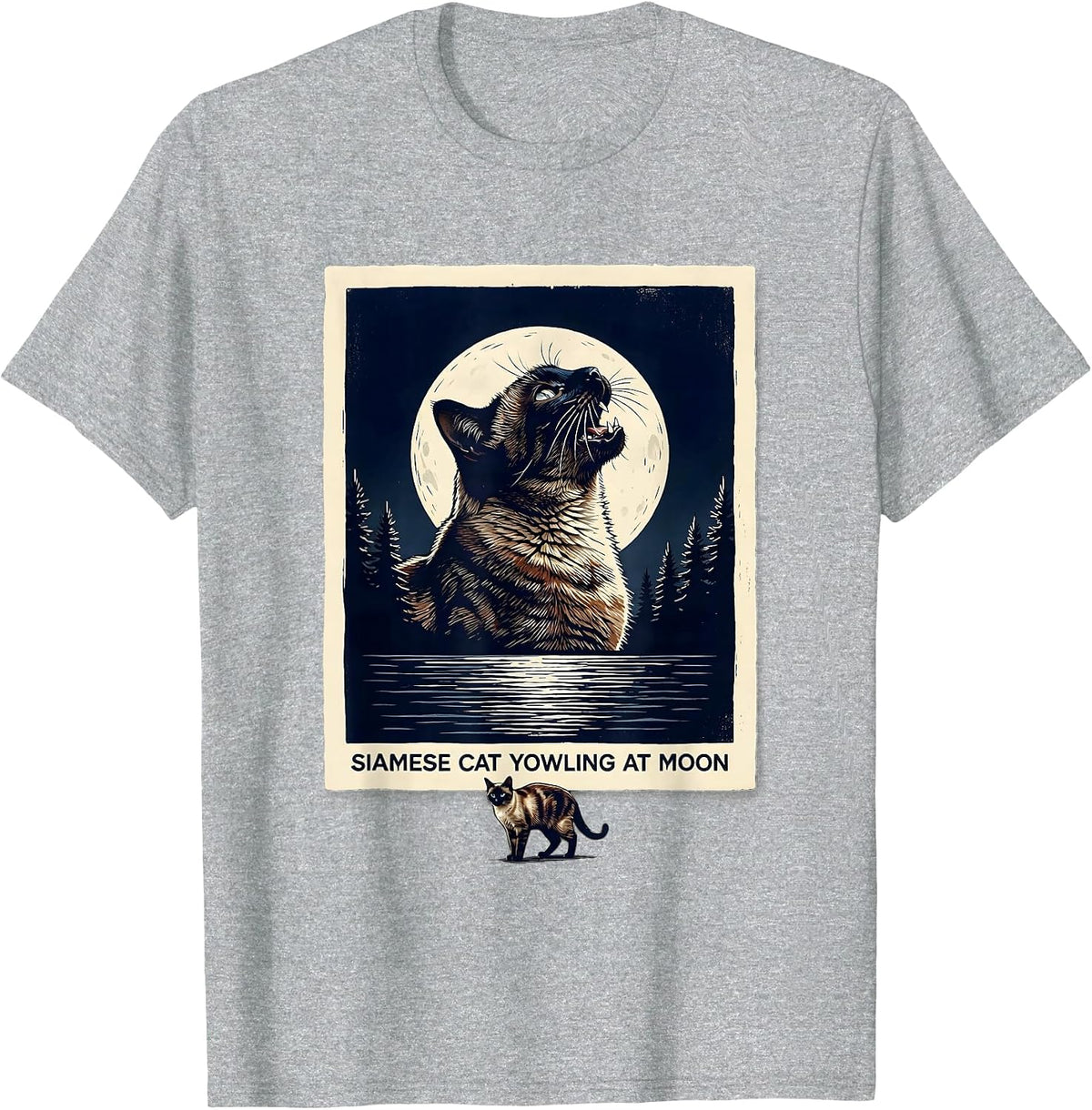 Men's Siamese Cat Yowling at Moon 90's Retro Nature Art T-Shirt - Heather Grey