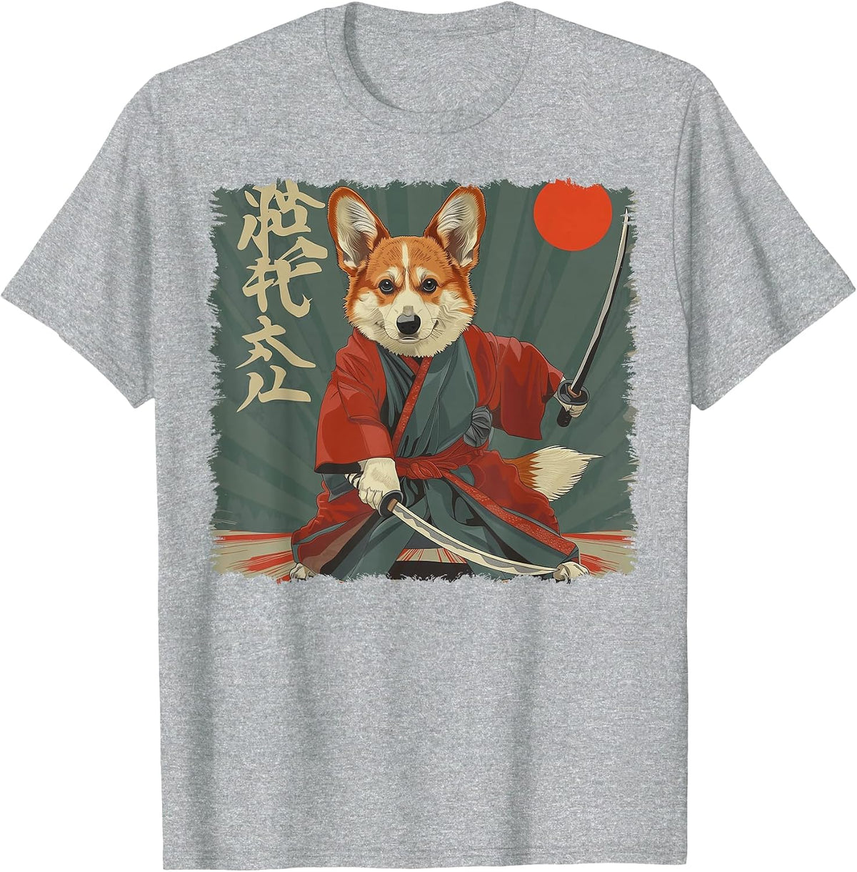 Pembroke Welsh Corgi Dog Japanese Art Samurai Ukiyo-e T-Shirt - Heather Grey