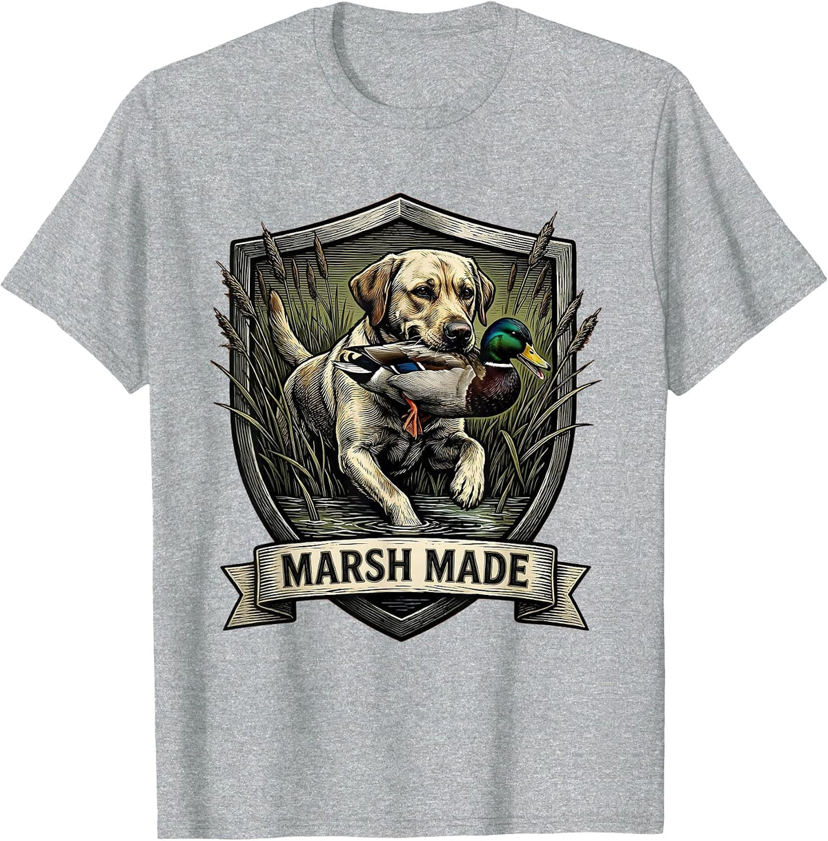 Men's Marsh Made Woodcut Engraving Labrador Duck Hunting Youth T-Shirt - Heather Grey