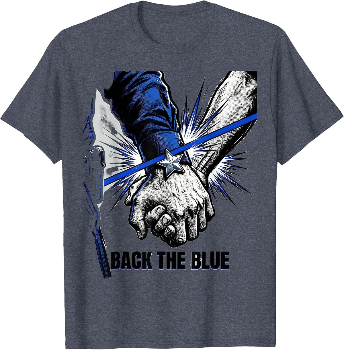 Back The Blue Comic Book Thin Blue Line Police Support T-Shirt, Men, Heather Blue, Medium - As Pictured