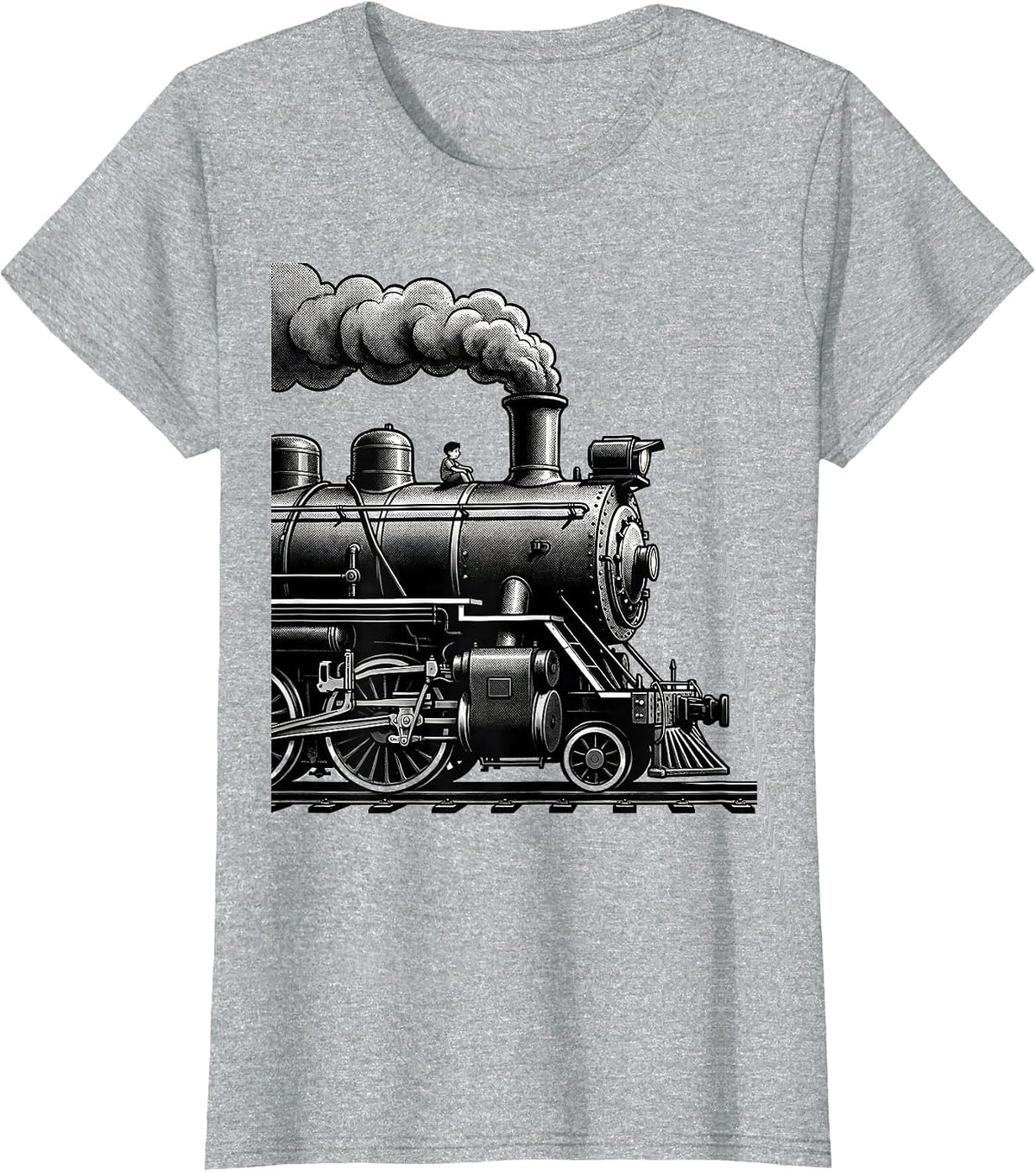 Women's Steam Locomotive Line Art Train Enthusiast Humor T-Shirt - Heather Grey