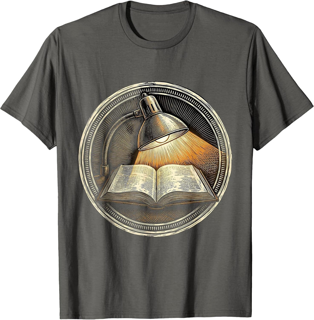 English Teacher Desk Lamp and Open Book Illustration T-Shirt - Asphalt Grey