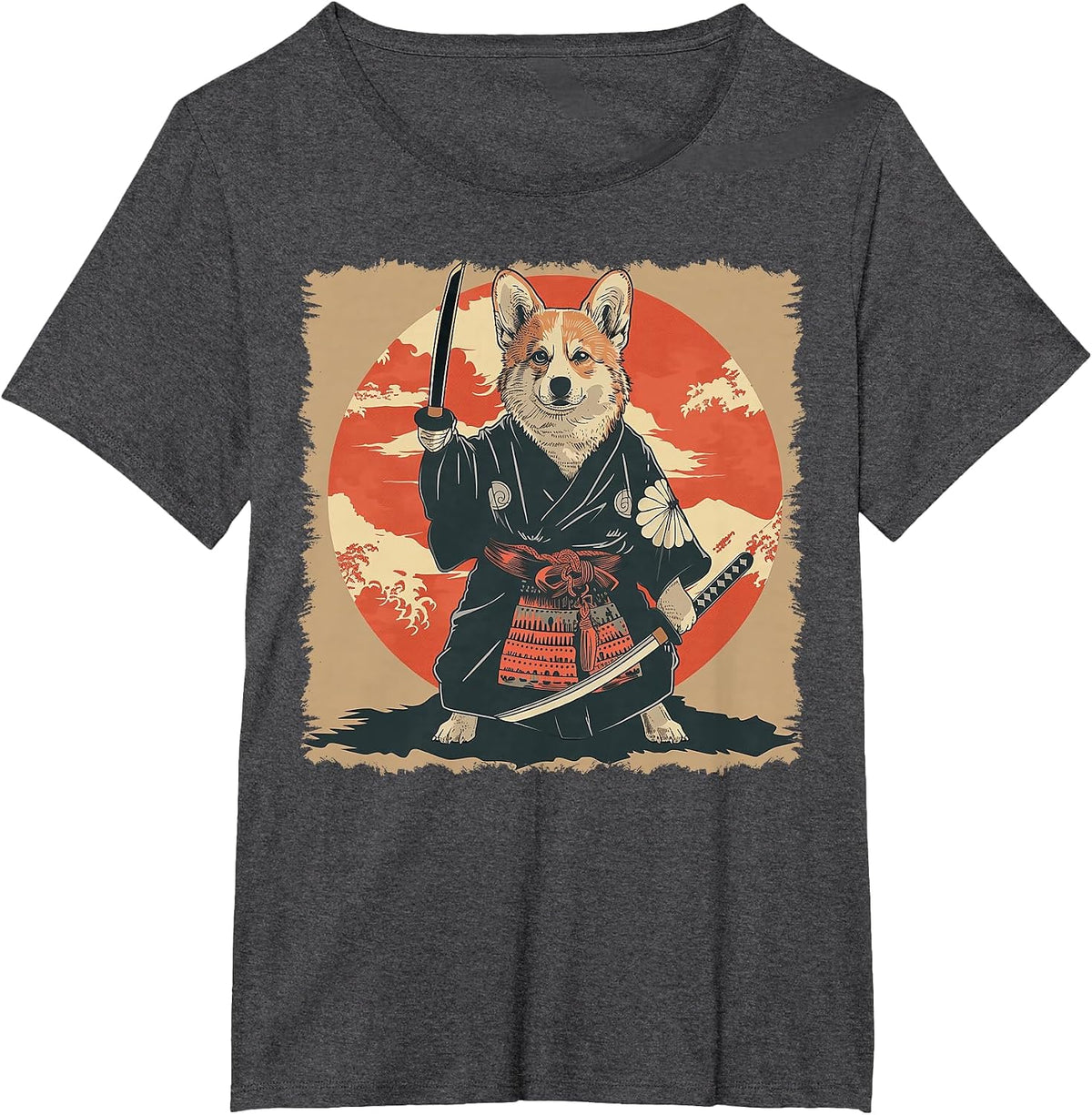 Pembroke Corgi Dog Japanese Art Samurai Ukiyo-e T-Shirt - Dark Heather Grey