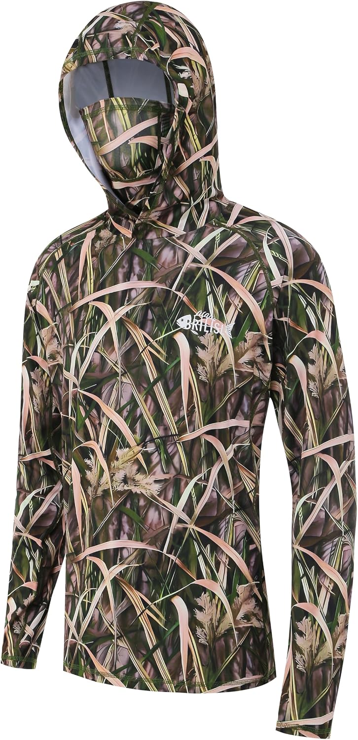 UPF 50+ Sun Protection Long Sleeves Hunting & Fishing Shirts for men, Camo Hoodie with Built-In Face Mask - Reed