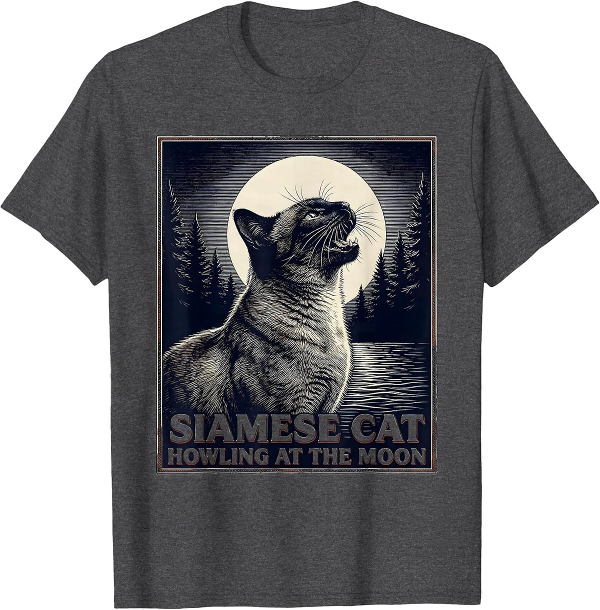 Men's Siamese Cat Howling at the Moon 90's Retro Nature Art T-Shirt - Dark Heather Grey