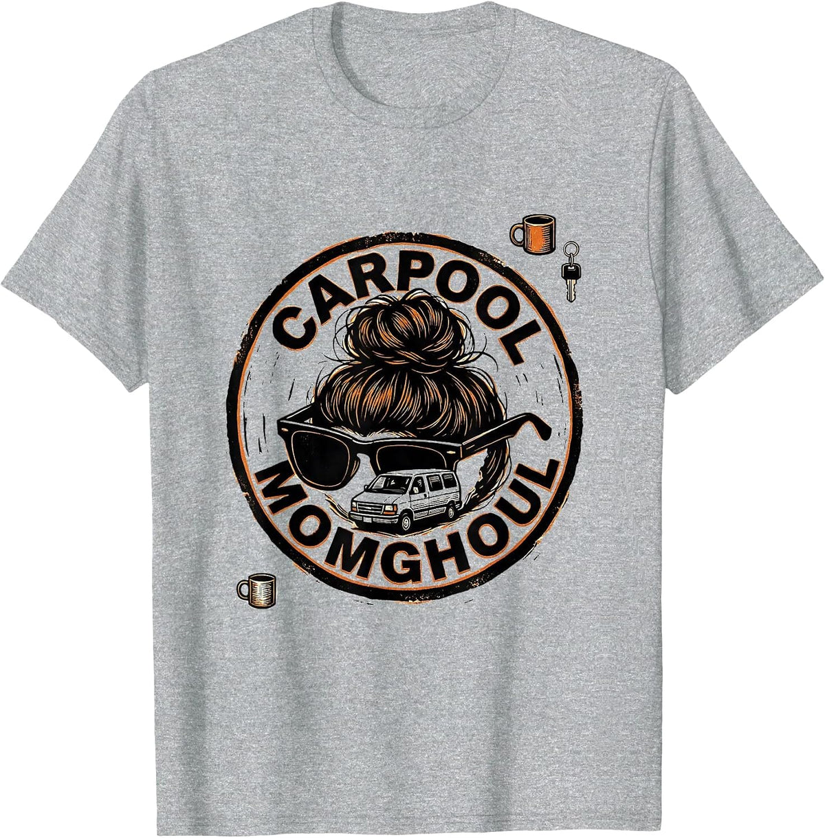 Men's Carpool Momghoul Linocut Funny Halloween Messy Bun Momster T-Shirt - Heather Grey