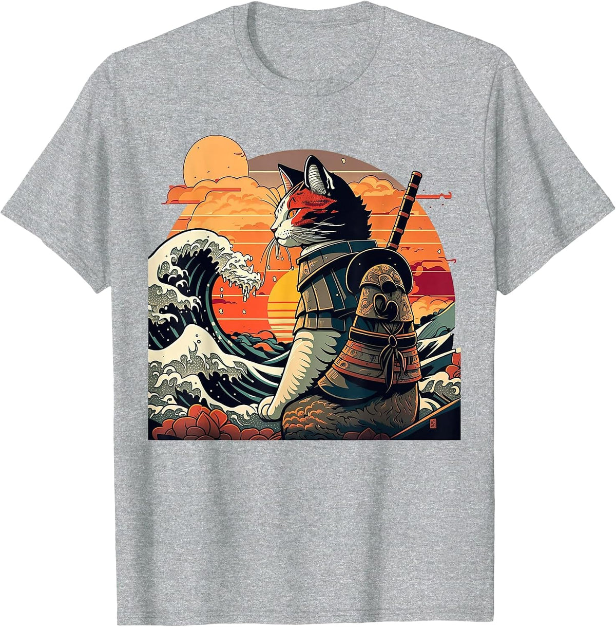 Japanese Retro Samurai cat The Great Wave by Hokusai T-Shirt - Heather Grey