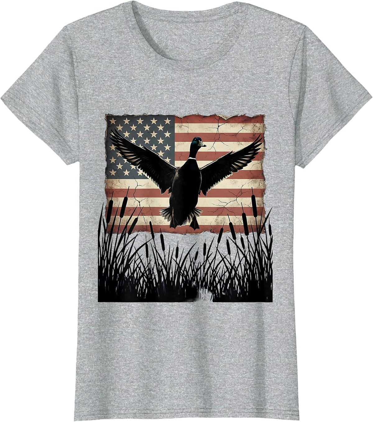 Women's Duck Flying Over Marsh Camo Hunting Design T-Shirt - Heather Grey
