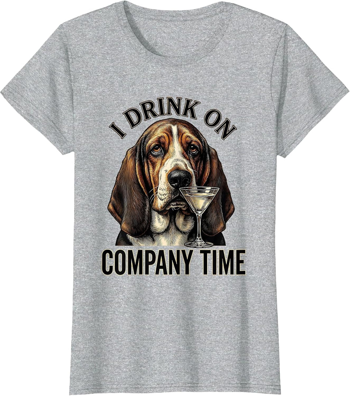 I Drink On Company Time Funny Basset Hound Meme Dog Lover T-Shirt - Heather Grey