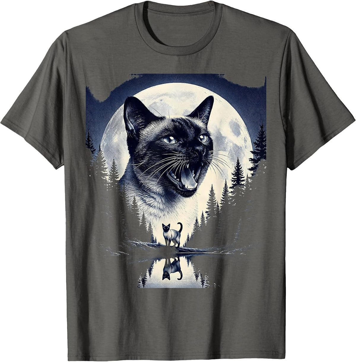 Men's Siamese Cat Howling at Moon 90's Retro Nature Art T-Shirt - Asphalt Grey