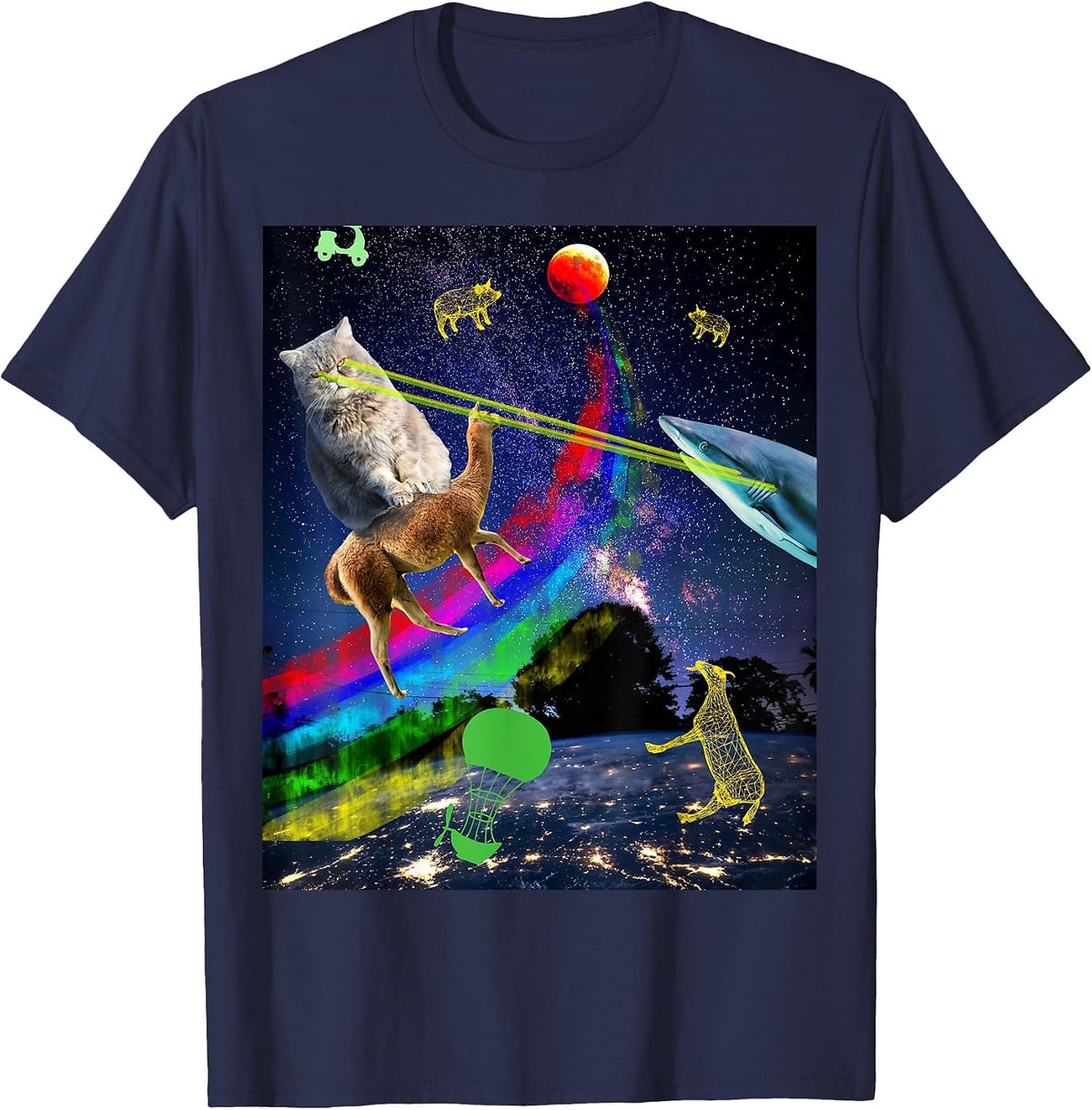 Cat Riding Lama Shooting Lasers At Shark in Universe T-Shirt T-Shirt - Navy Blue