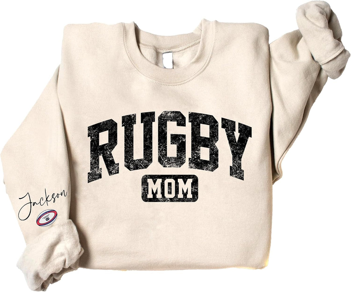 Custom Sport Mom Sweatshirt with Kids Names and Jersey Number, Personalized Sports Mama Shirt for Women, Sport Mom - Rugby
