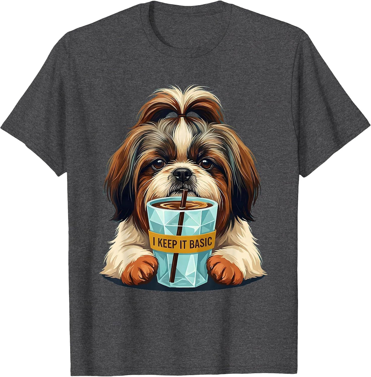 I Keep It Basic Funny Shih Tzu Dog Lover Iced Coffee Humor T-Shirt - Dark Heather Grey