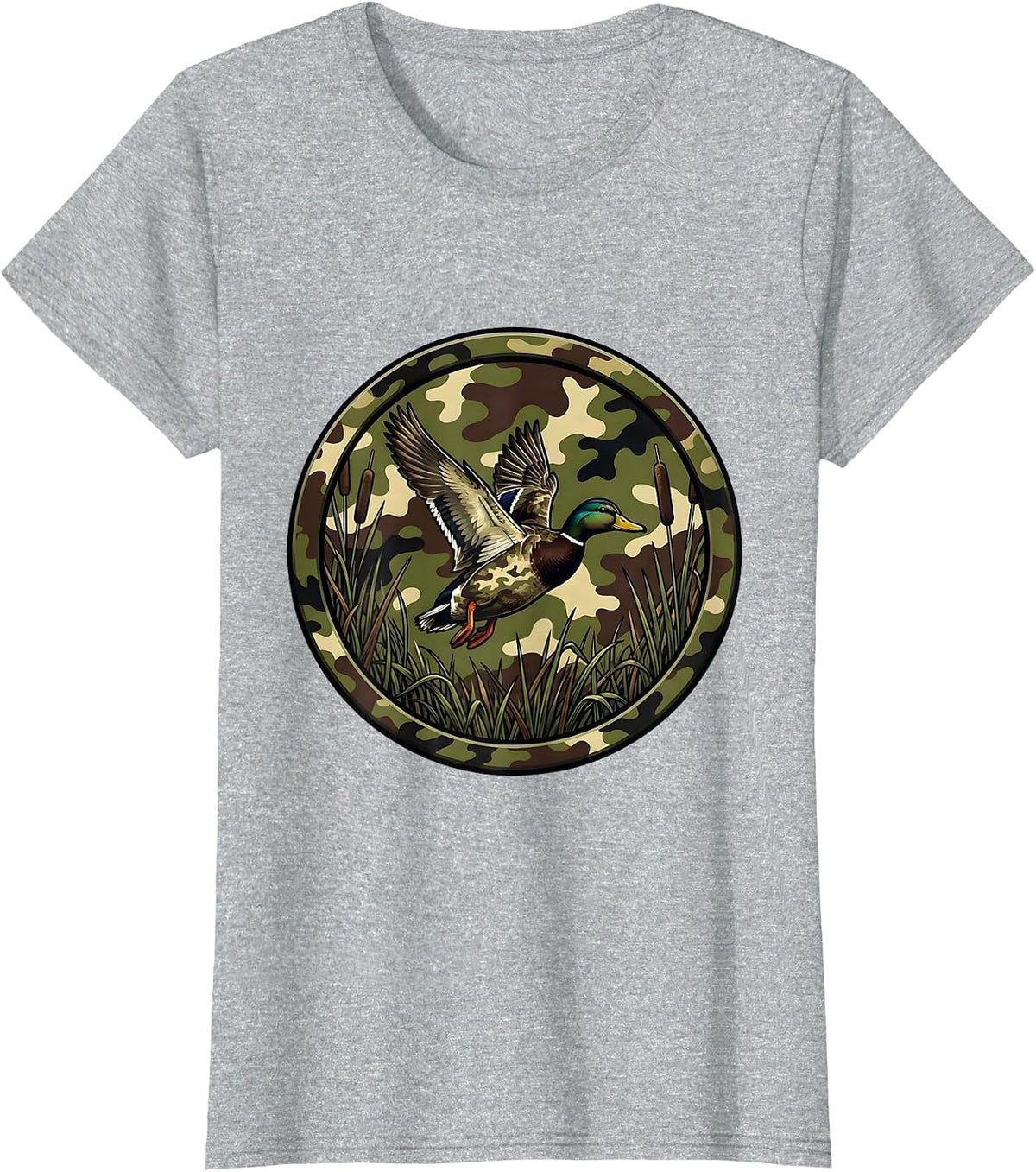 Duck Flying Over Misty Camo Marsh Illustration T-Shirt - Heather Grey