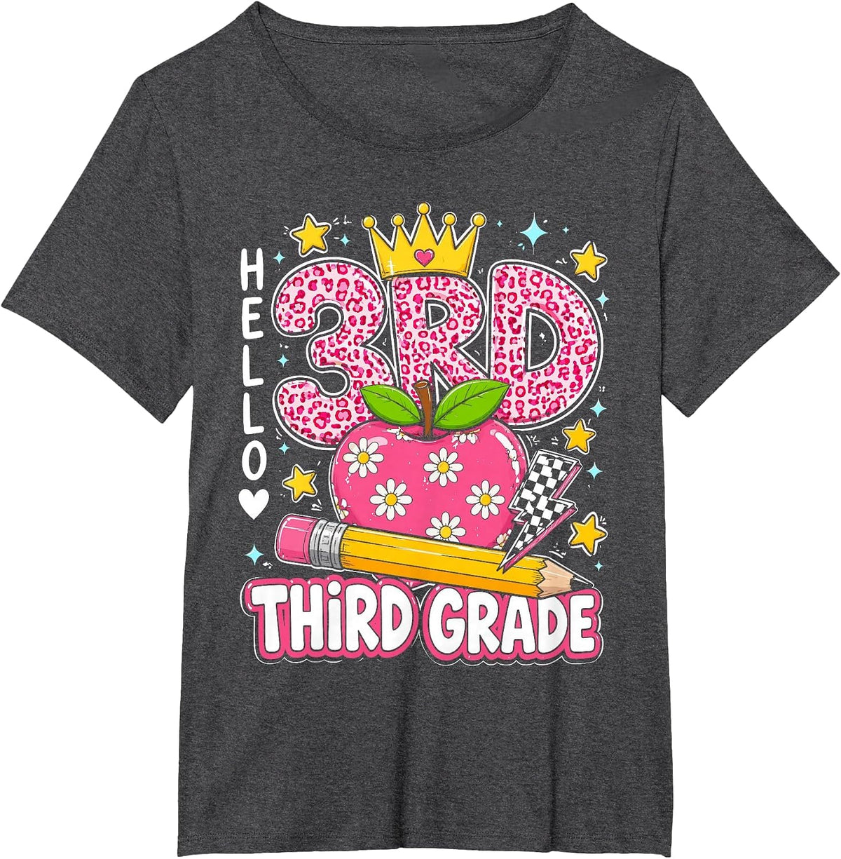 Hello Third Grade Back to School Pink Leopard Teacher Girl T-Shirt - Dark Heather Grey