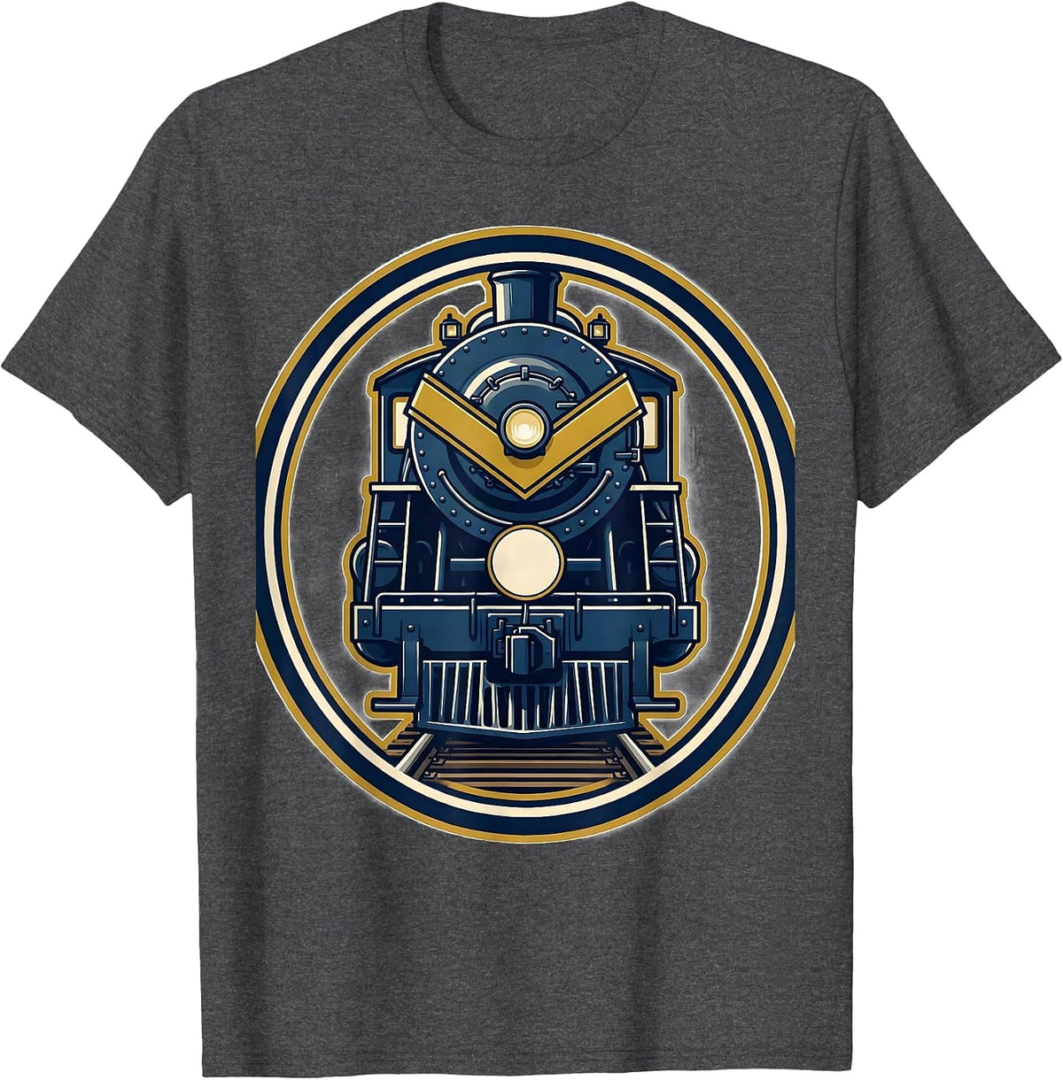 Men's Steam Locomotive Badge Train Enthusiast Vintage Humor T-Shirt - Dark Heather Grey