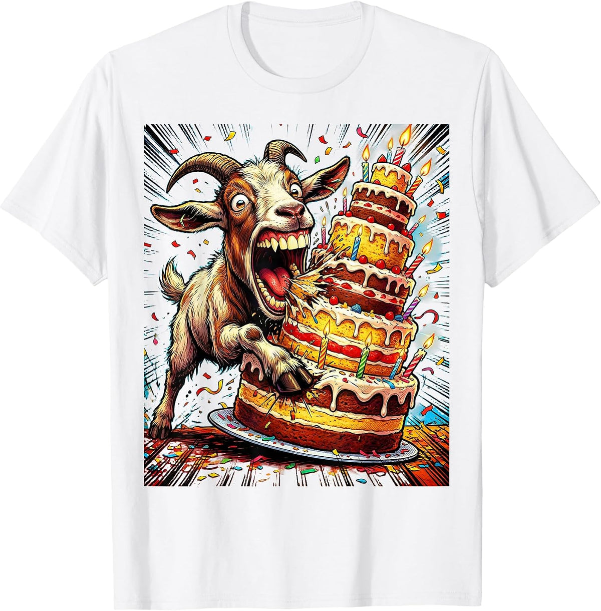 Men's Funny Goat Eating Whole Birthday Cake Illustration T-Shirt - White