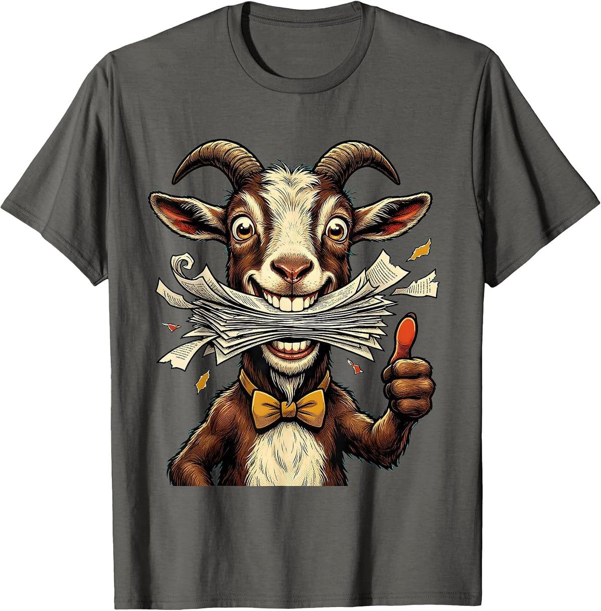 Funny Goat Eating Homework Illustration T-Shirt - Asphalt Grey