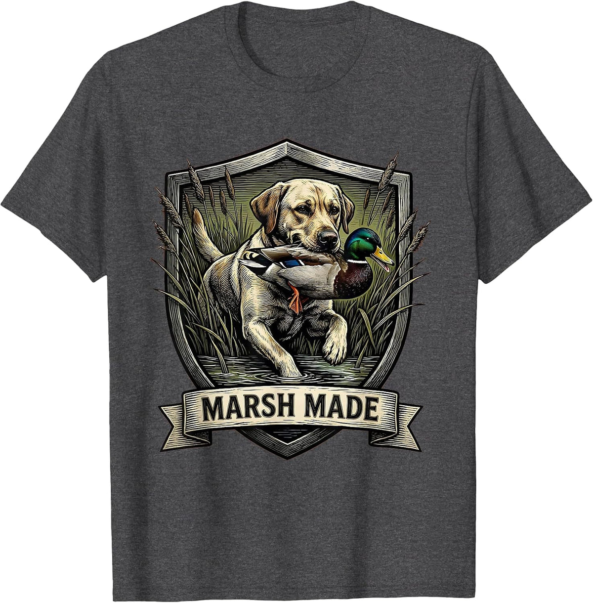 Men's Marsh Made Woodcut Engraving Labrador Duck Hunting Youth T-Shirt - Dark Heather Grey