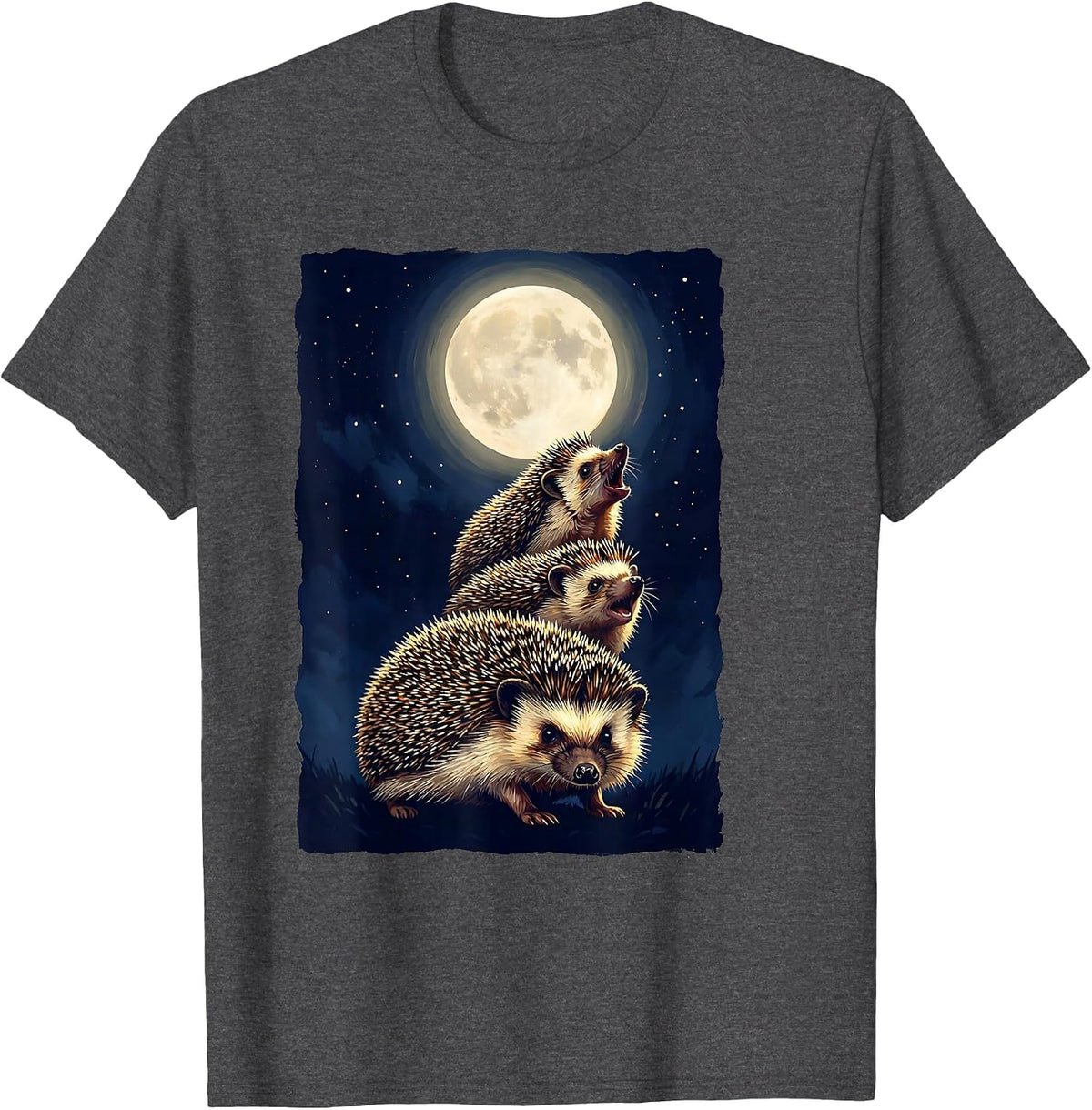 Three Hedgehogs Howling At Moon Funny Animal Meme Parody T-Shirt - Dark Heather Grey