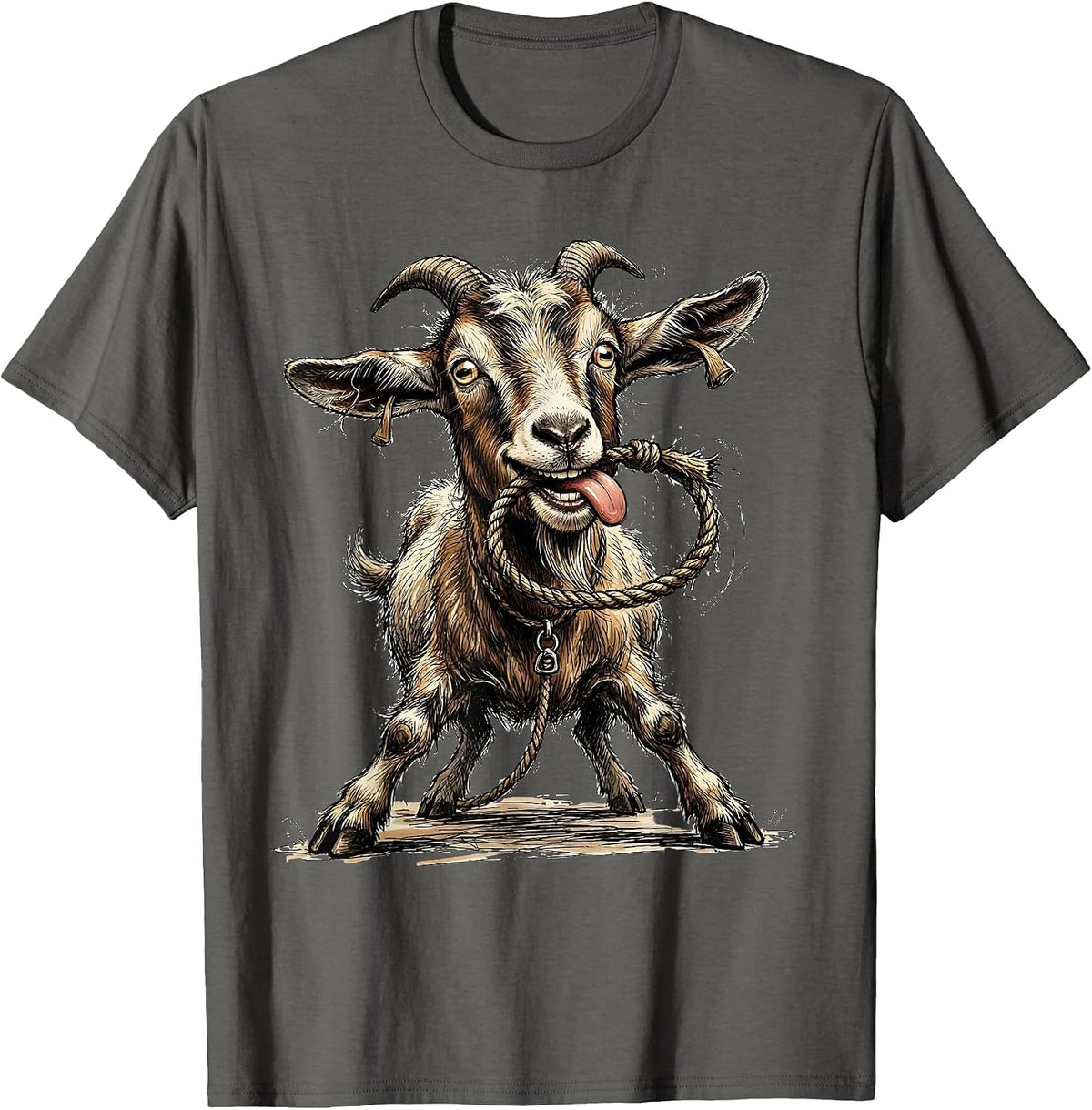 Derpy Goat Eating Its Own Leash Funny Animal T-Shirt - Asphalt Grey