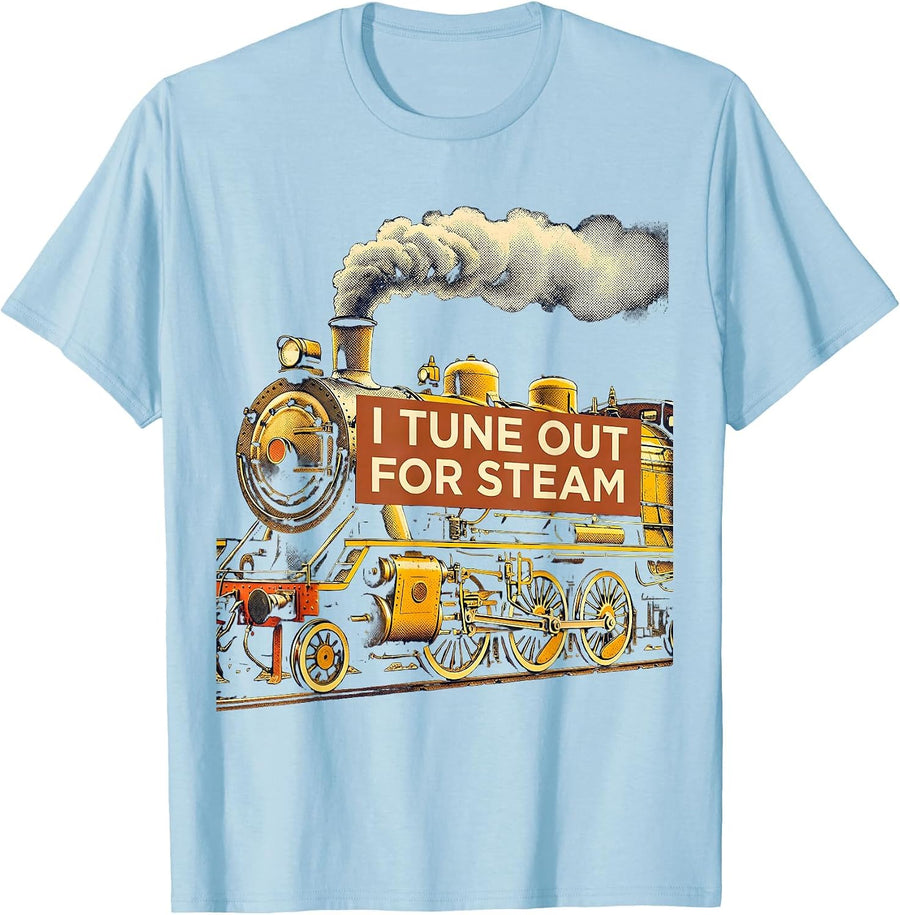 Men's I Tune Out For Steam Vintage Steam Locomotive Train T-Shirt - Baby Blue