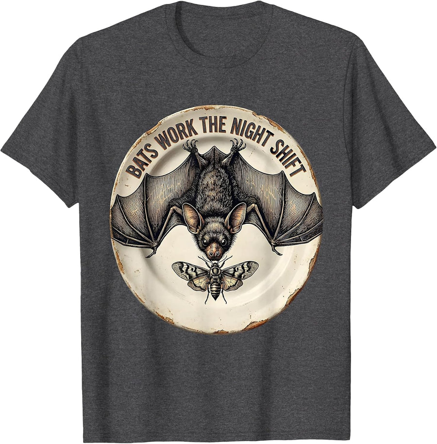 Men's Bats Work The Night Shift Vintage Bat Lover Halloween Humor T-Shirt - Dark Heather Grey