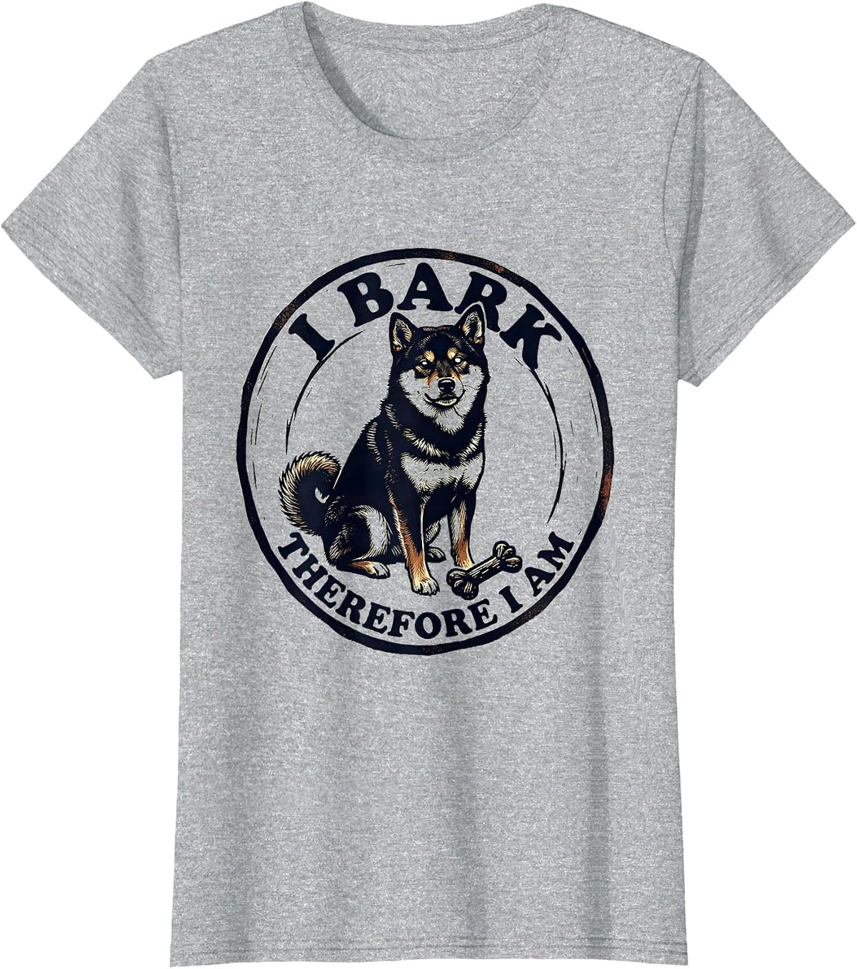 Women's I Bark Therefore I Am Funny Dog Owner Linocut Pet Lover T-Shirt - Heather Grey
