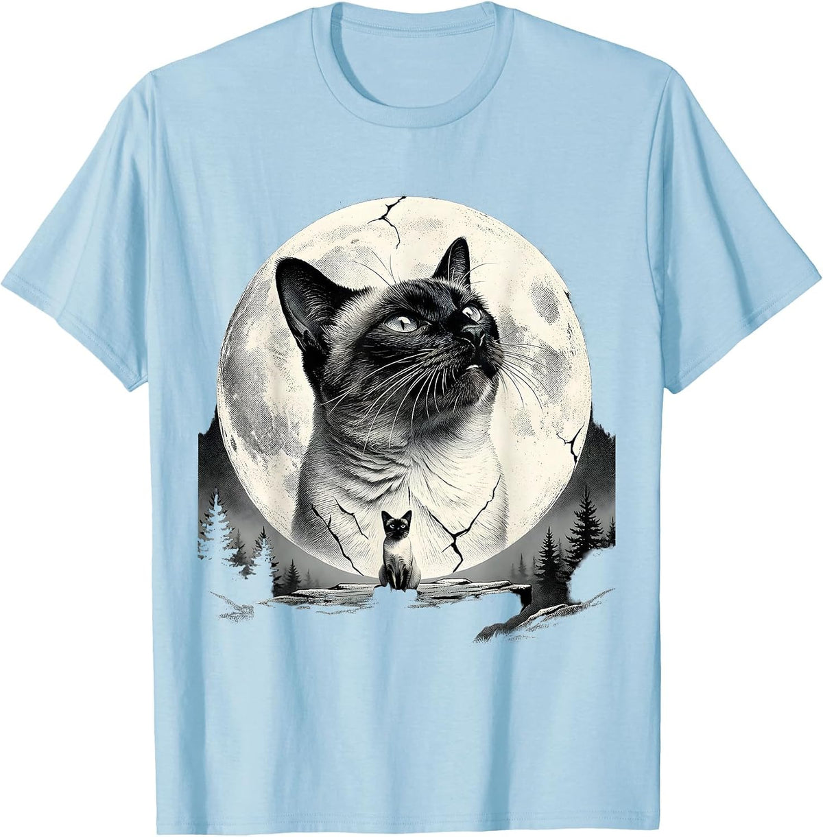 Men's Siamese Cat Howling at Moon 90s Retro Novelty T-Shirt - Baby Blue