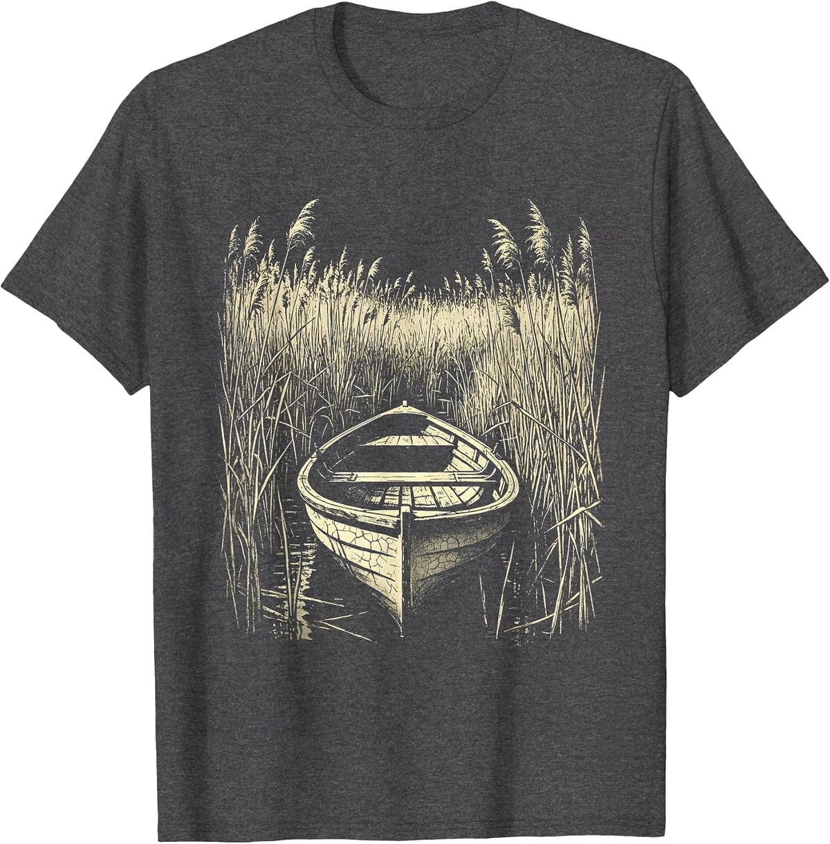 Duck Hunting Boat in Tall Reeds Illustration T-Shirt - Dark Heather Grey