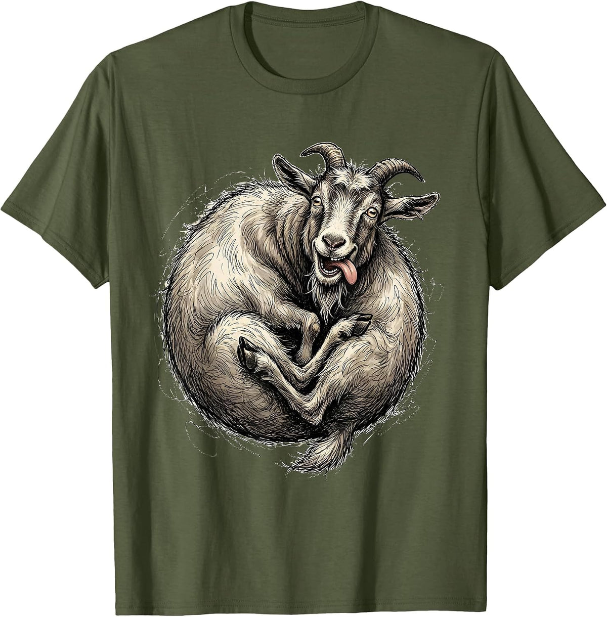 Men's Derpy Goat Eating Its Own Tail Funny Art T-Shirt - Olive Green