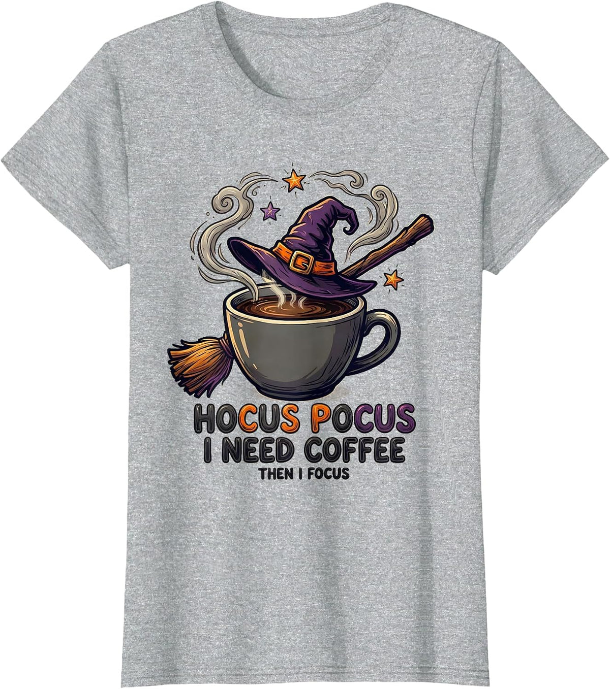 Women's Hocus Pocus I Need Coffee Then I Focus Halloween Teacher T-Shirt - Heather Grey