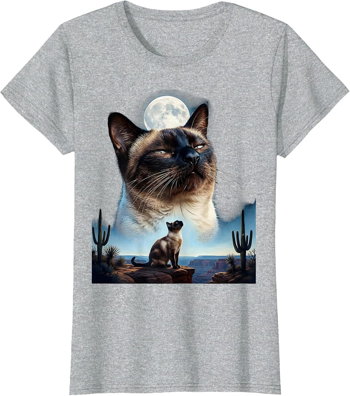 Women's Siamese Cat Howling at Moon 90's Retro T-Shirt - Heather Grey