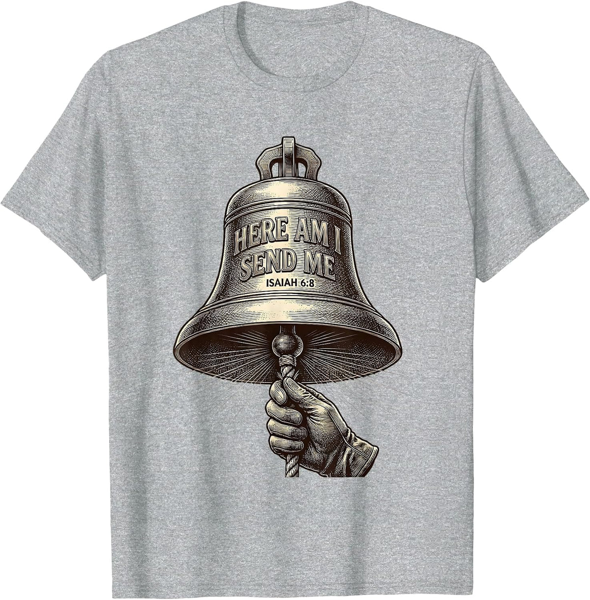 Men's Here Am I Send Me Isaiah 68 Crosshatch Etching Christian T-Shirt - Heather Grey