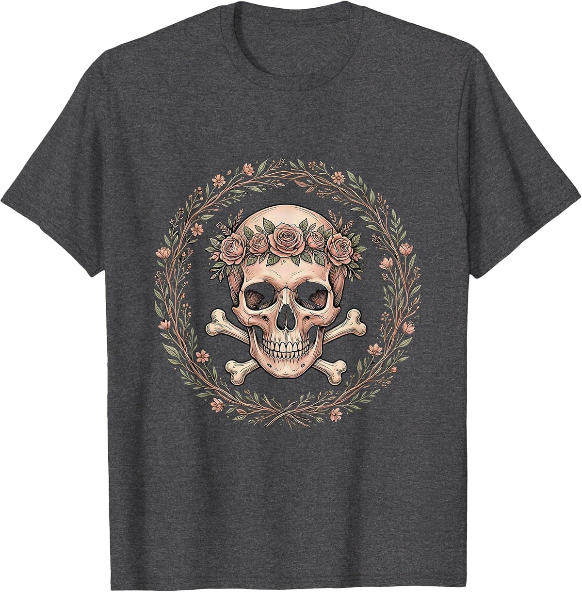 Men's Crowned Skull Crossbones Bold Gothic Art Design T-Shirt - Dark Heather Grey