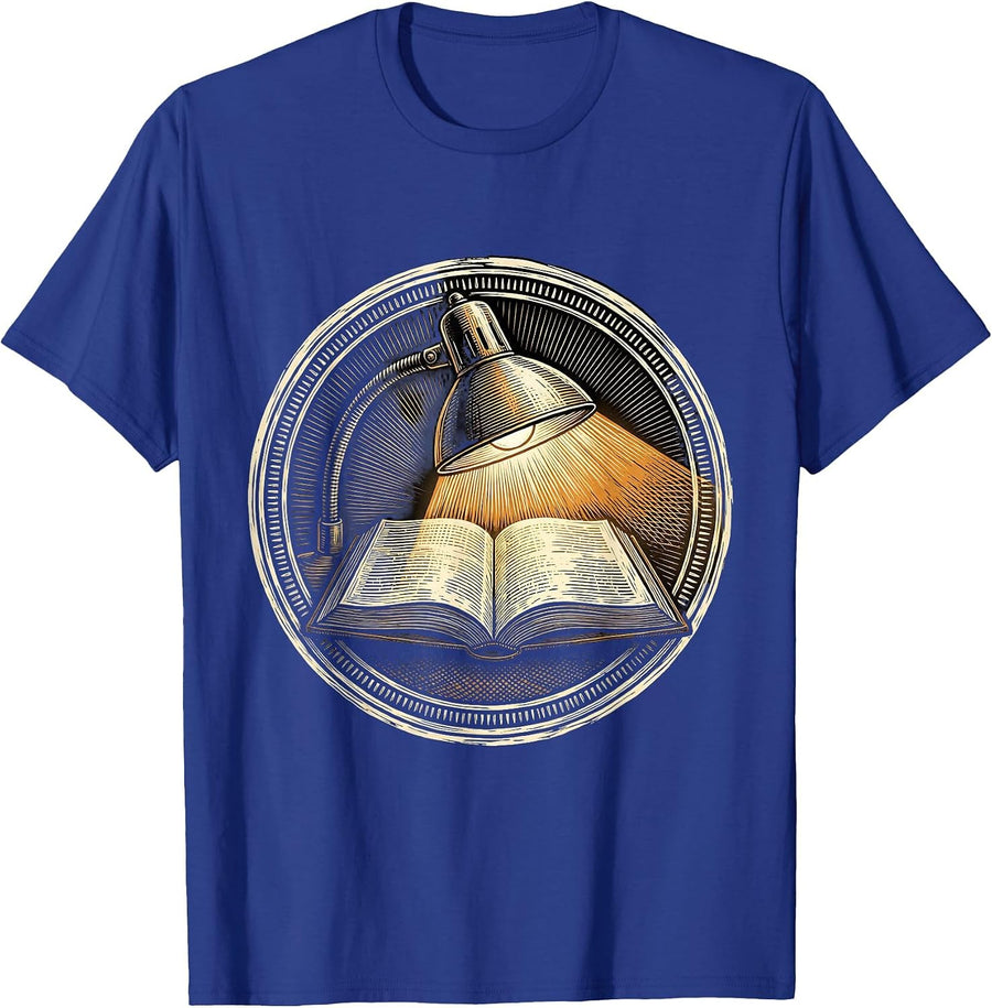 English Teacher Desk Lamp and Open Book Illustration T-Shirt - Royal Blue