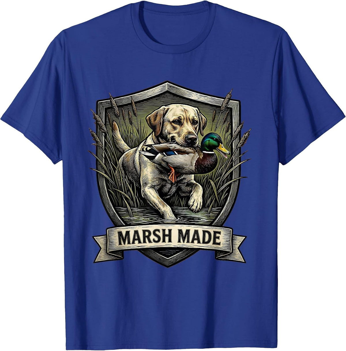 Men's Marsh Made Woodcut Engraving Labrador Duck Hunting Youth T-Shirt - Royal Blue