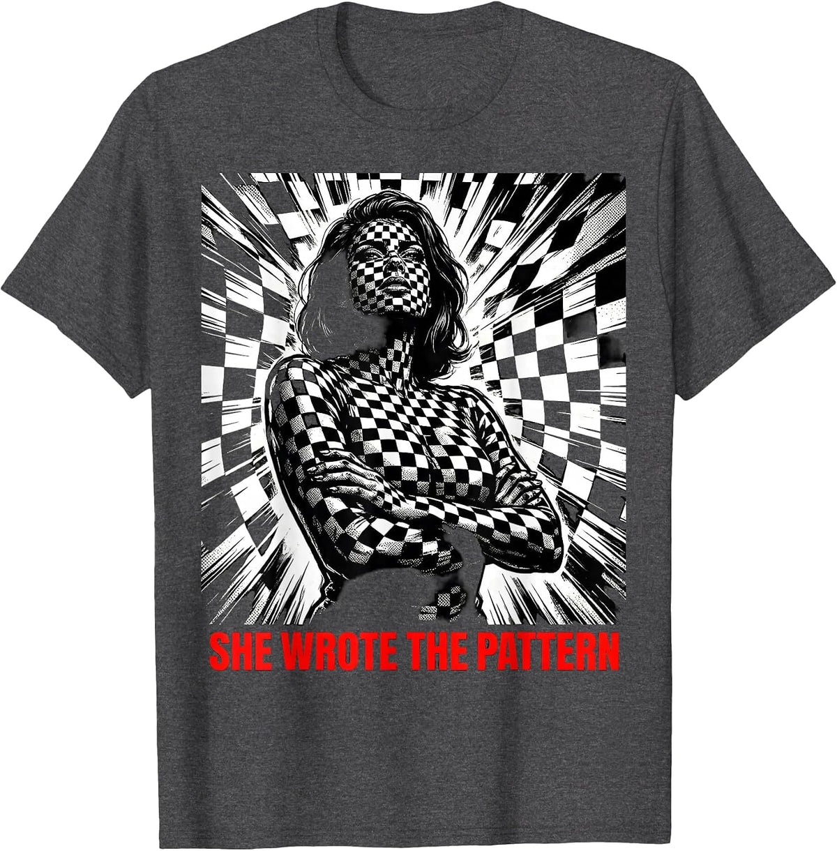 She Wrote the Pattern Checkered Design T-Shirt - Dark Heather Grey